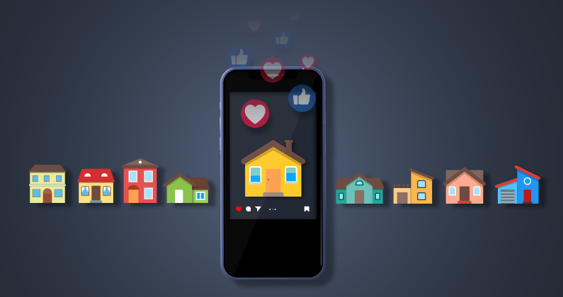 Advertising Properties. Houses in a row with one house displayed on social media on a smartphone