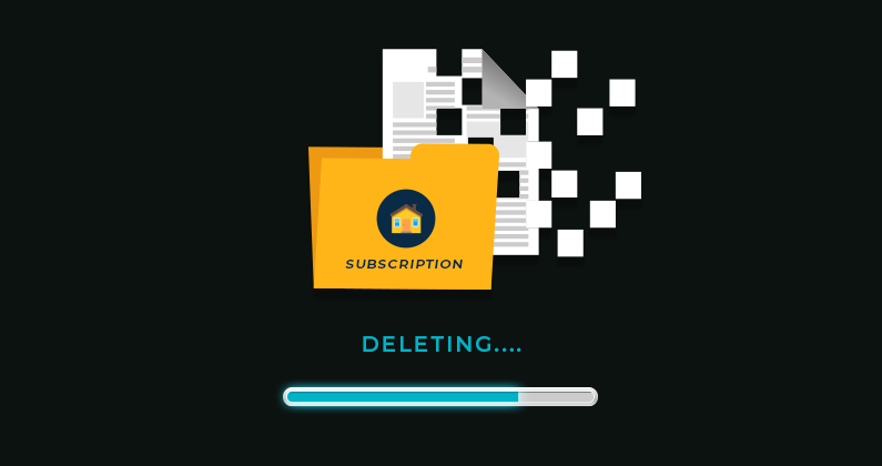 A file folder being deleted with the word "Subscription" on the front and a loading bar below