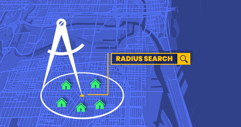 A radius drawn with 5 vector houses and the text "Radius Search"
