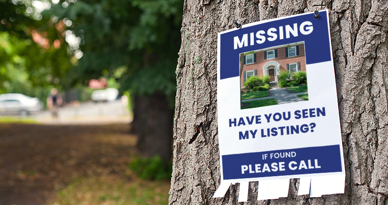 Missing Listings poster tacked to a tree