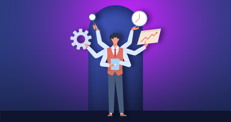 Graphic of a man with 6 arms being productive with each