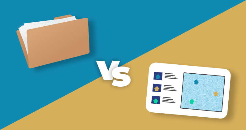 A vector manilla folder with the word "vs" and a vector saved search screen