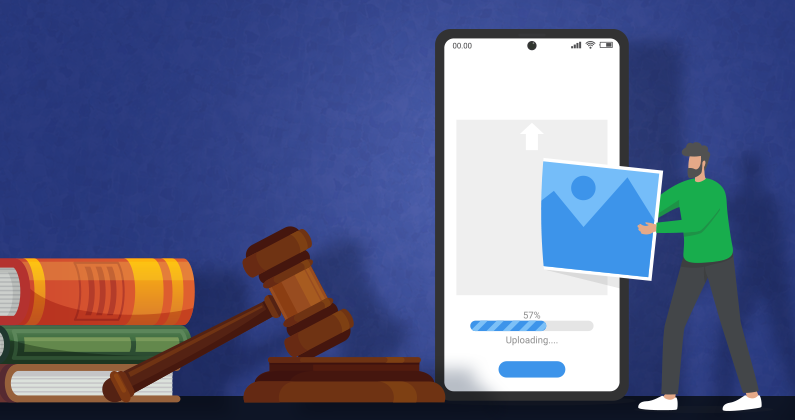 Image of a vector man uploading a photo to a phone