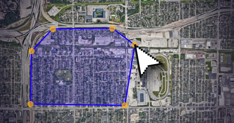A shape being edited over a map of Milwuakee