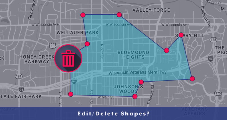 A polygon shape with a "trash" icon next to it over a map of Milwaukee