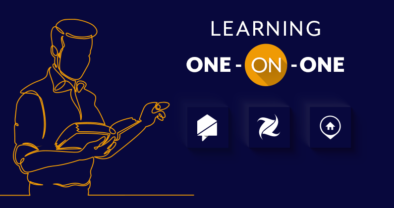 line drawing of a teacher with "one on one learning"