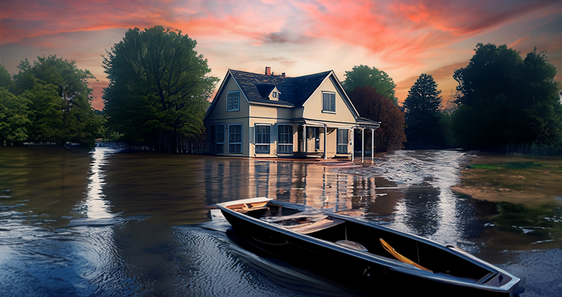 Wisconsin home in a flood with a boat in foreground