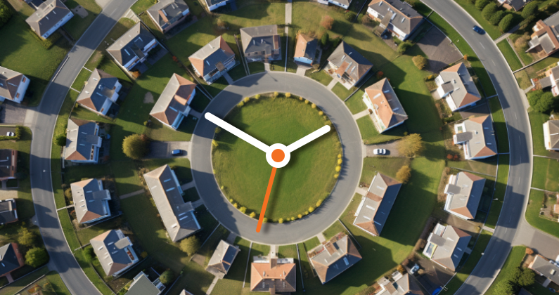a midwest neighborhood view from above with clock hands