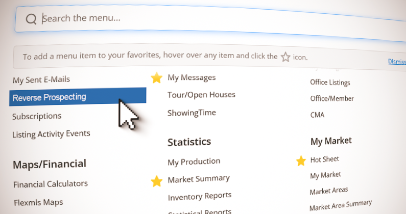 Flexmls menu with reverse prospecting highlighted