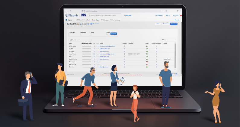 a group of vector people around a laptop showing contacts